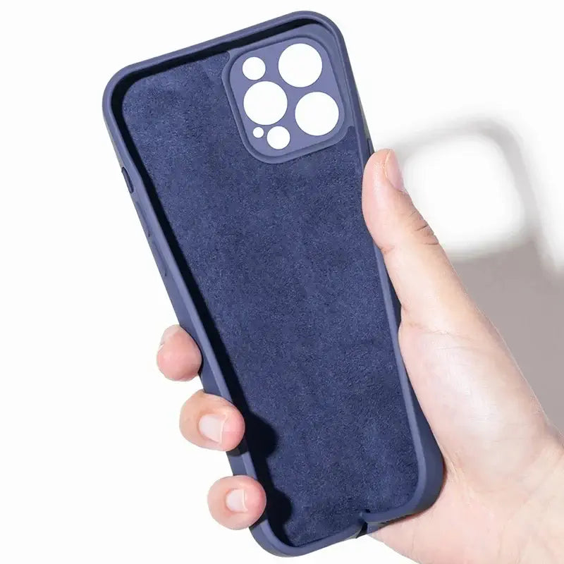 Soft luxury liquid silicone phone case held in a hand, showcasing its interior and design features.