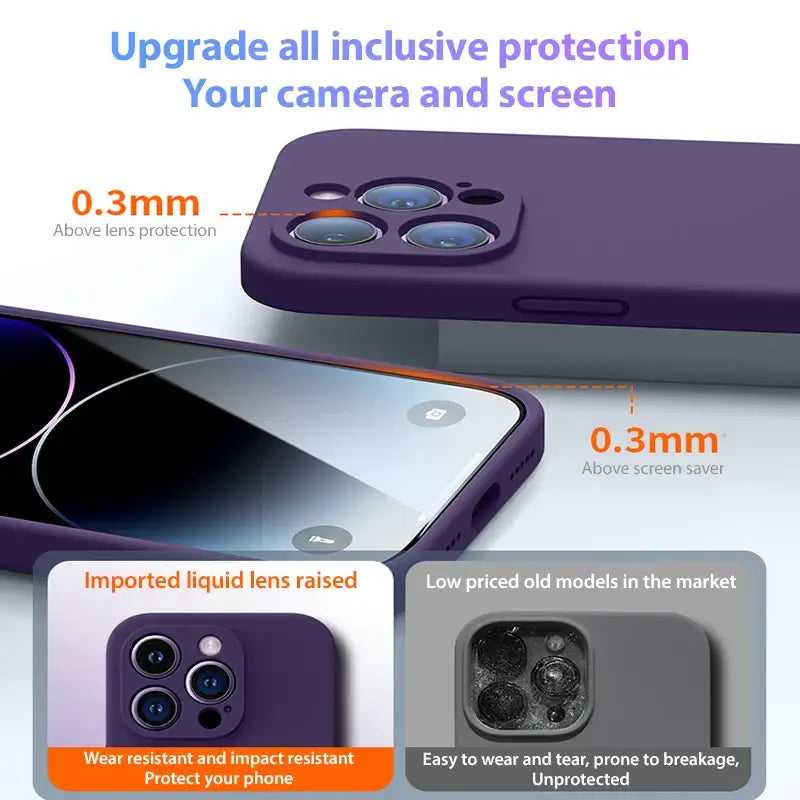 Upgrade protective liquid silicone case for iPhone with raised lens and screen protection features.