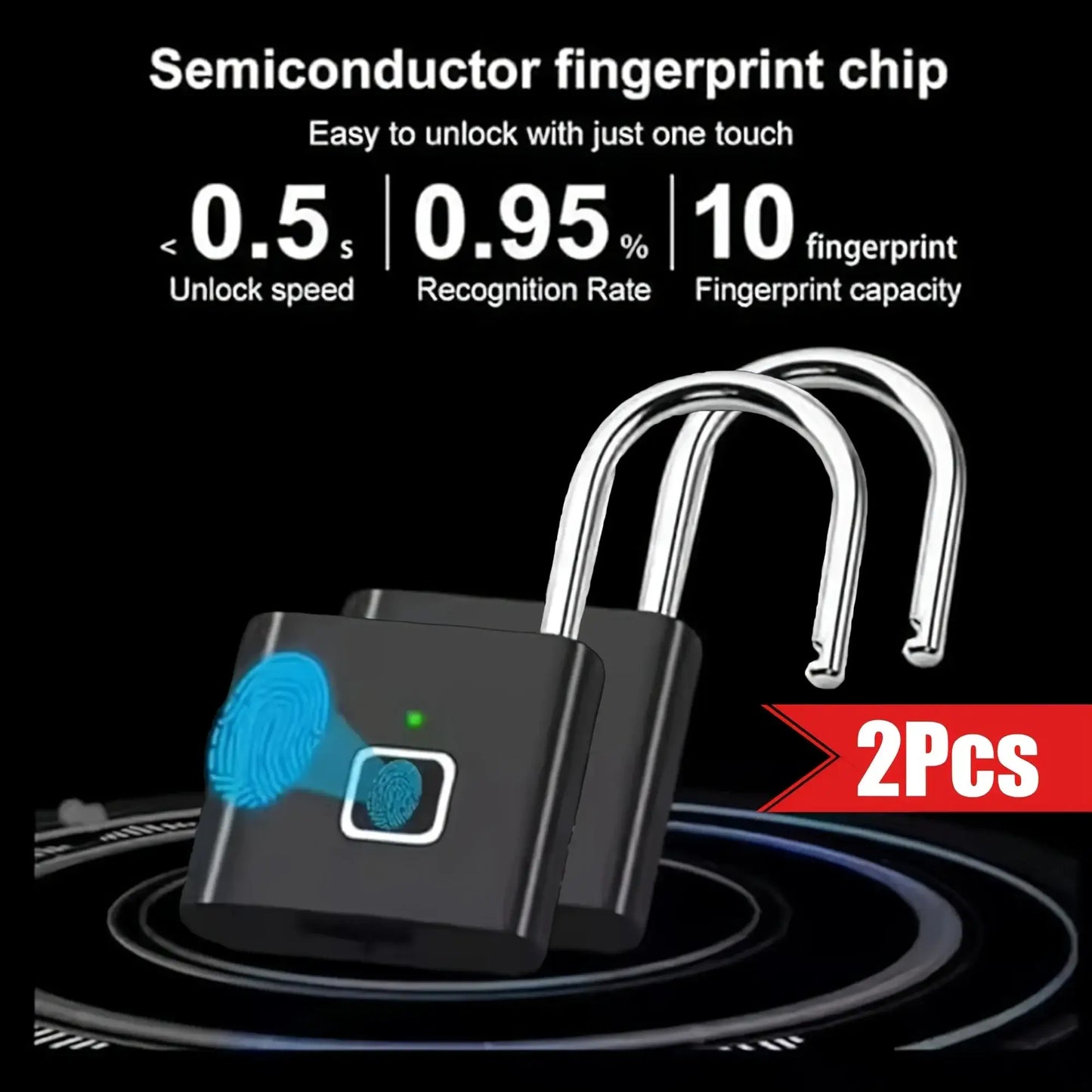 Mini smart fingerprint padlocks with quick unlock, 10 fingerprint capacity, and semiconductor chip technology.