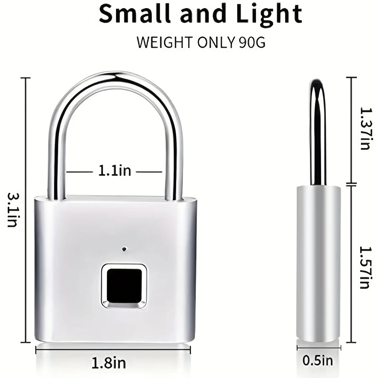 Mini smart fingerprint padlock, lightweight design, dimensions 3.1in x 1.8in, perfect for securing luggage and suitcases.