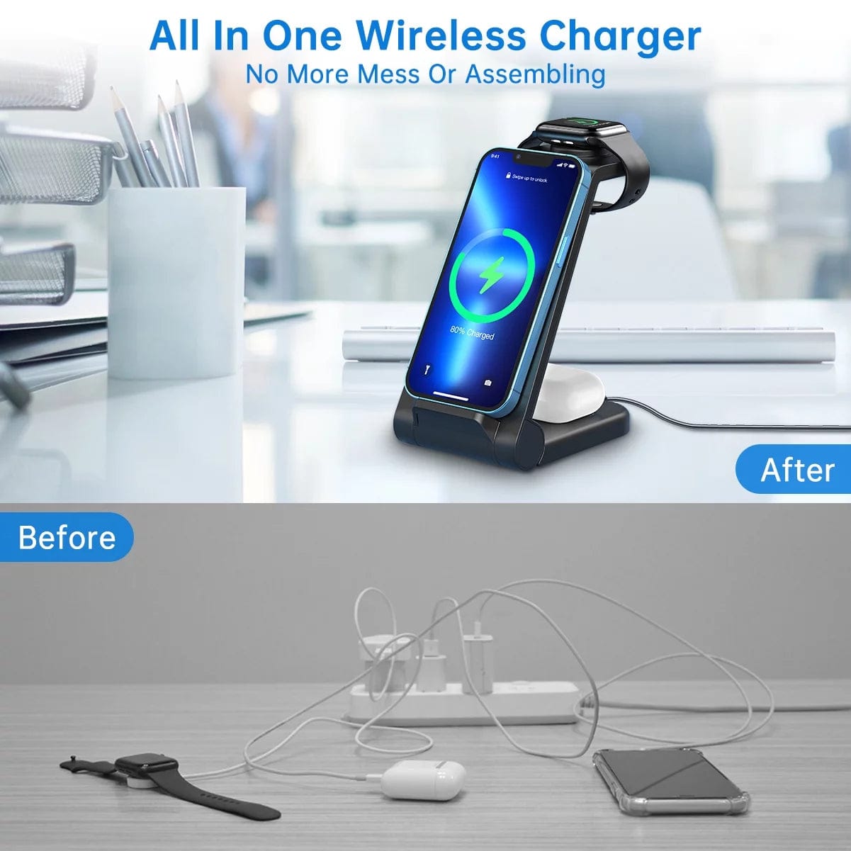 Wireless Charging Station, 18W 3 in 1 Wireless Charger, Fast Wireless Charging Stand for Iphone 16 15 14 13 12 11Pro Max XR XS, Apple Watch 10 9 8 7 6 5 4 3 2 SE, Airpods 4 3 2 Pro