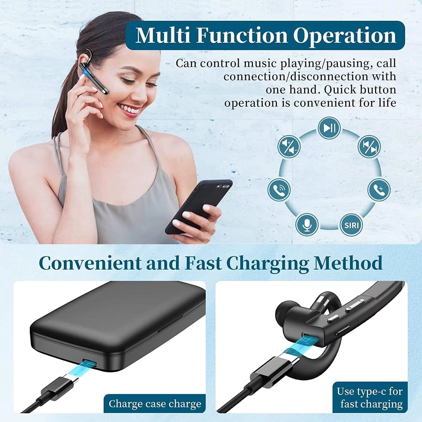 Bluetooth Earphones 5.3 Headphones Stereo Handsfree Noise Canceling Wireless Business Headset with HD Mic for All Smart Phones