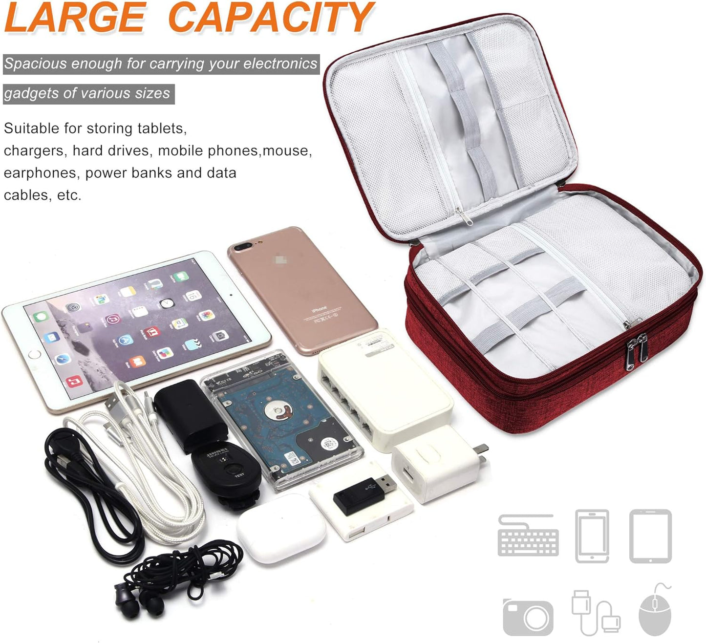 Electronic Bag Travel Cable Accessories Bag Waterproof Double Layer Electronics Organizer Portable Storage Case for Cable, Cord, Charger, Phone, Adapter, Power Bank, Kindle, Hard Drives