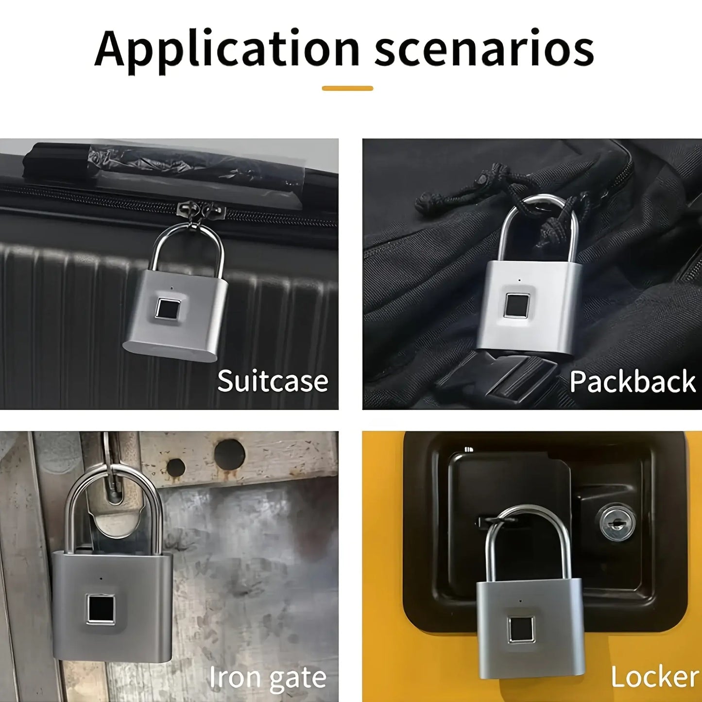 Mini smart fingerprint padlock used on suitcase, backpack, iron gate, and locker for secure anti-theft protection.