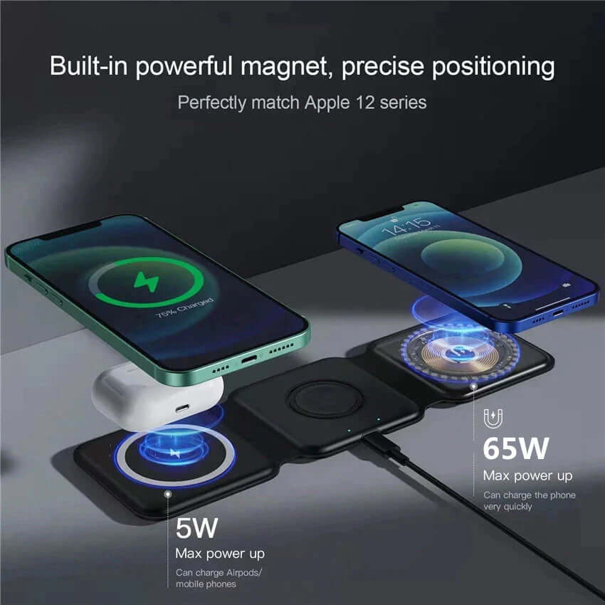 65W 3 in 1 Foldable Magnetic Wireless Charger for Iphone 14 13 12 Pro XS X Fast Wireless Charging Pad for Airpods Pro Iwatch