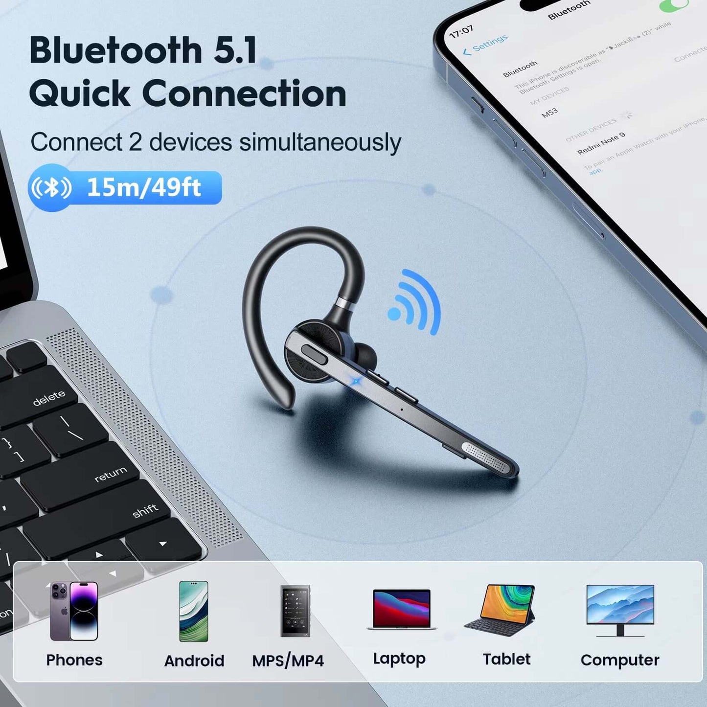 M53 Wireless Bluetooth Headset Single Earpiece Driving Headphone with Dual-Mic Noise Cancelling Handsfree Earphones
