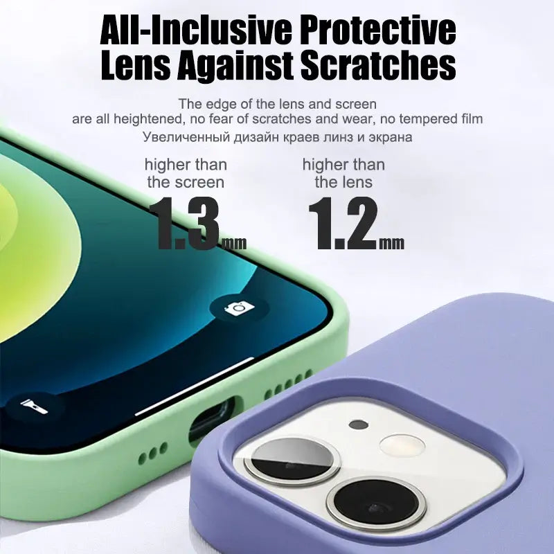 Image showing a silicone liquid case with protective lens specifications for iPhone models, highlighting scratch resistance features.
