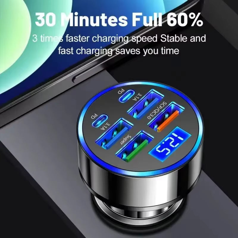 6 in 1 USB C Car Phone Charger Adapter with Voltage Display Dual PD Super Fast for Iphone 15 Pro Max OPPO Samsung Huawei