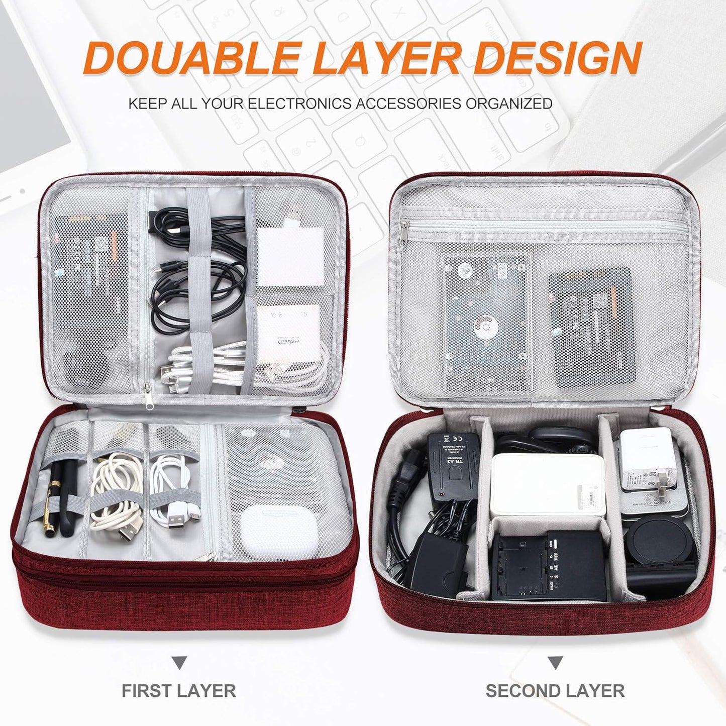 Electronic Bag Travel Cable Accessories Bag Waterproof Double Layer Electronics Organizer Portable Storage Case for Cable, Cord, Charger, Phone, Adapter, Power Bank, Kindle, Hard Drives