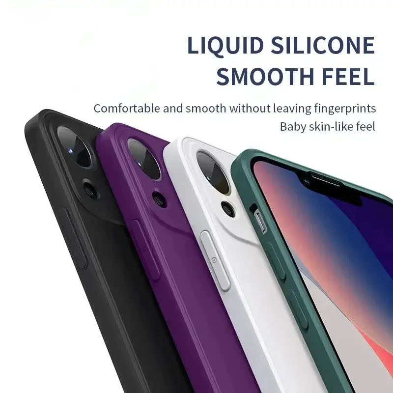 Luxury liquid silicone phone cases in black, purple, white, and green, showcasing a smooth feel and fingerprint resistance.