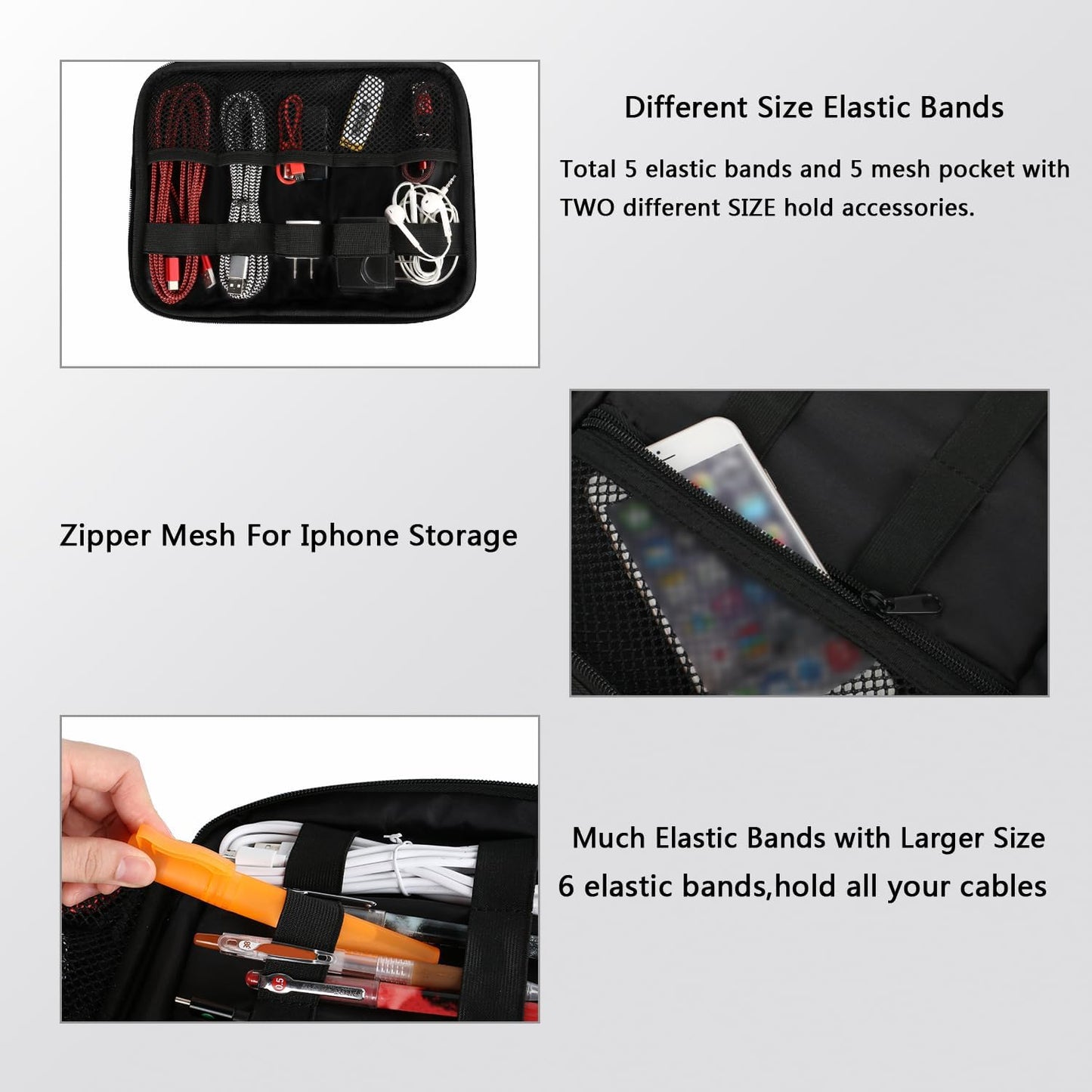 Electronics Organizer Travel Case, Water Resistant Cable Organizer Bag for Travel Essentials, Tech Gifts for Men, Storage Bag as Accessories for Phone, Cord, Tablet, Black