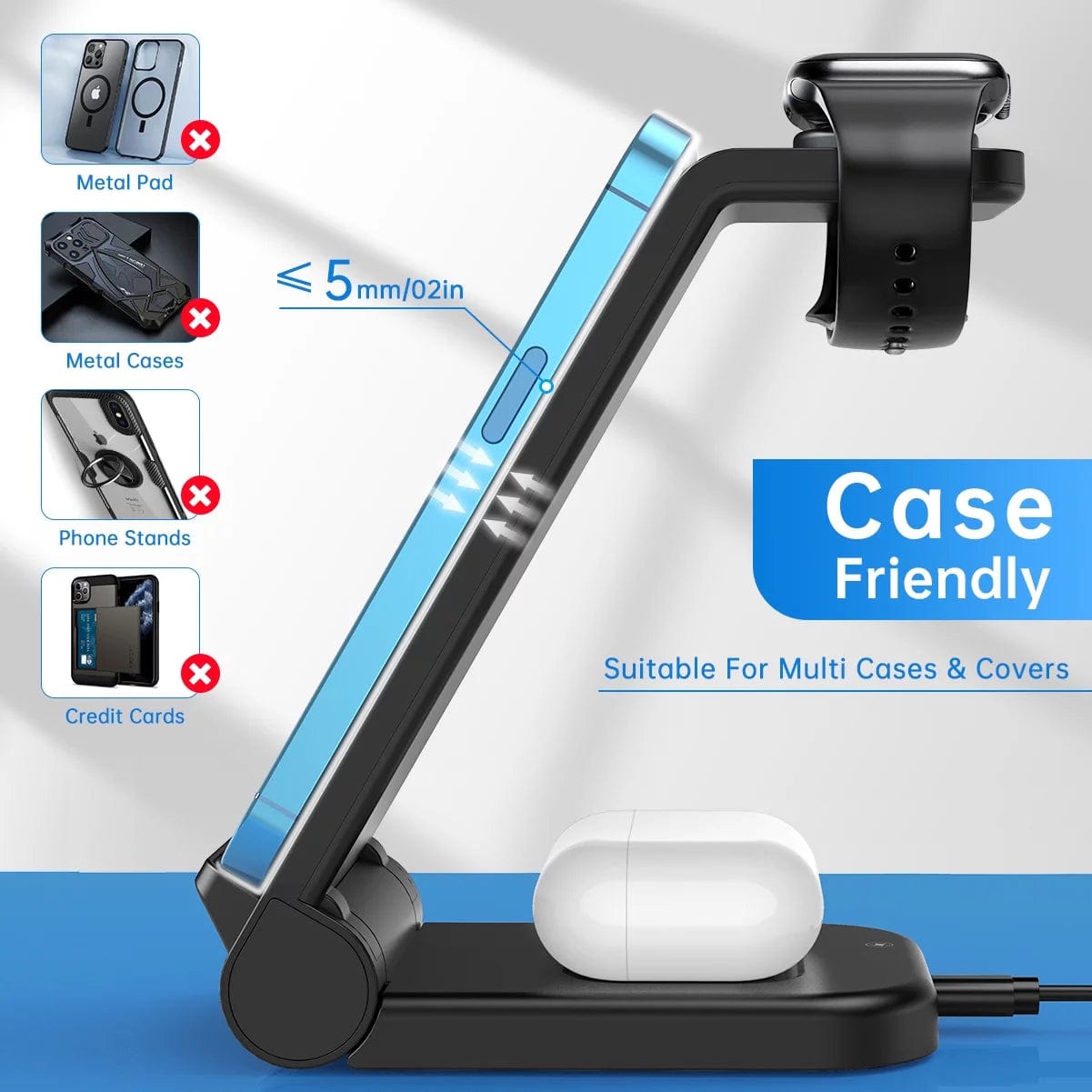 Wireless Charging Station, 18W 3 in 1 Wireless Charger, Fast Wireless Charging Stand for Iphone 16 15 14 13 12 11Pro Max XR XS, Apple Watch 10 9 8 7 6 5 4 3 2 SE, Airpods 4 3 2 Pro