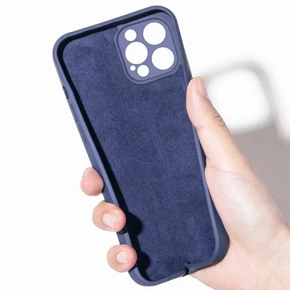 Soft luxury liquid silicone phone case held in a hand, showcasing its interior and design features.