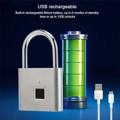 Mini smart fingerprint padlock with USB rechargeable battery for 1000 unlocks and 6 months standby time.