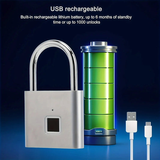 Mini smart fingerprint padlock with USB rechargeable battery for 1000 unlocks and 6 months standby time.