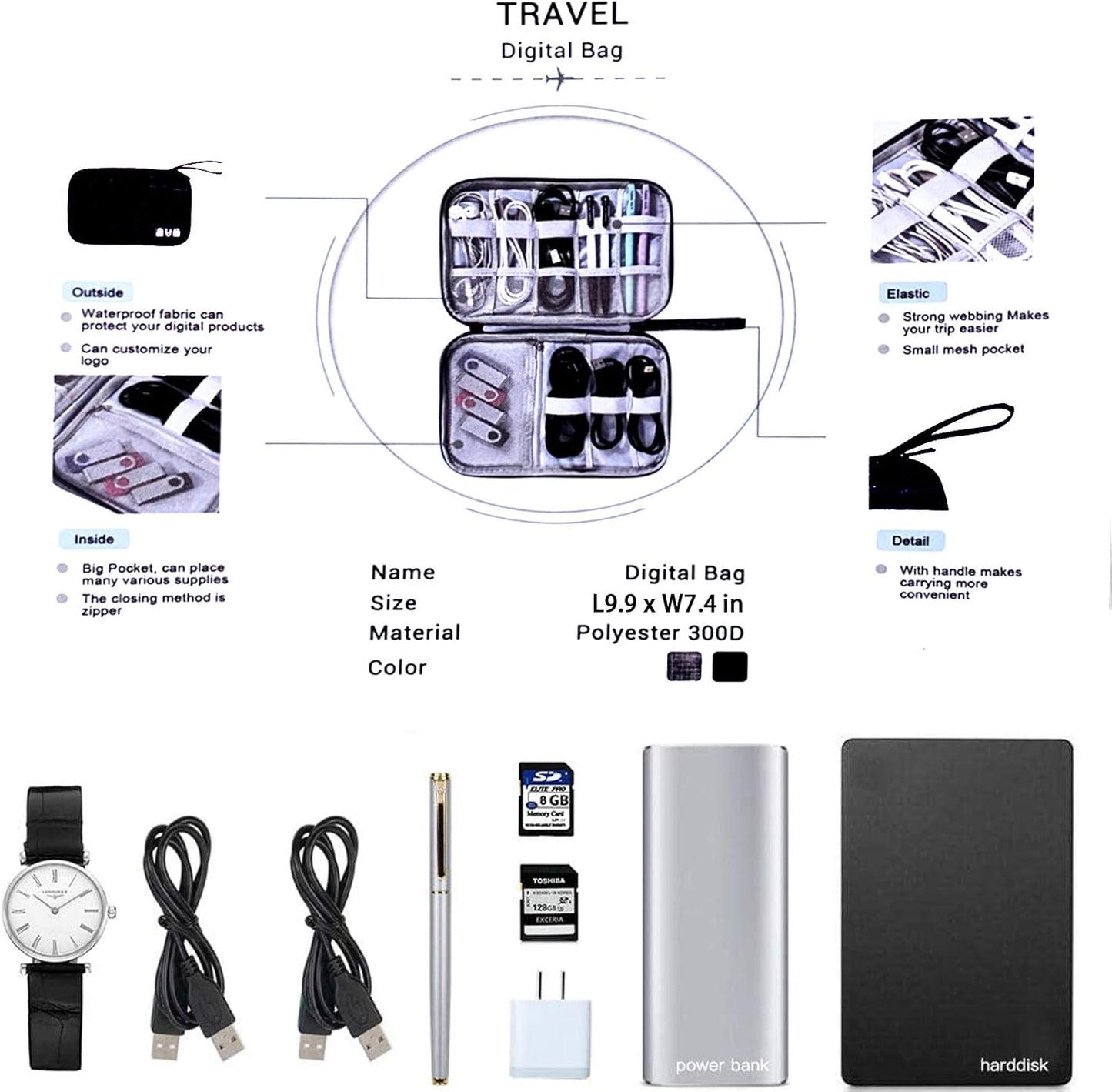 Electronic Organizer, Portable Cord Organizer, Travel Waterproof Electronic Storage Bag, for USB Cables, Chargers, Hard Drives, SD Cards and More