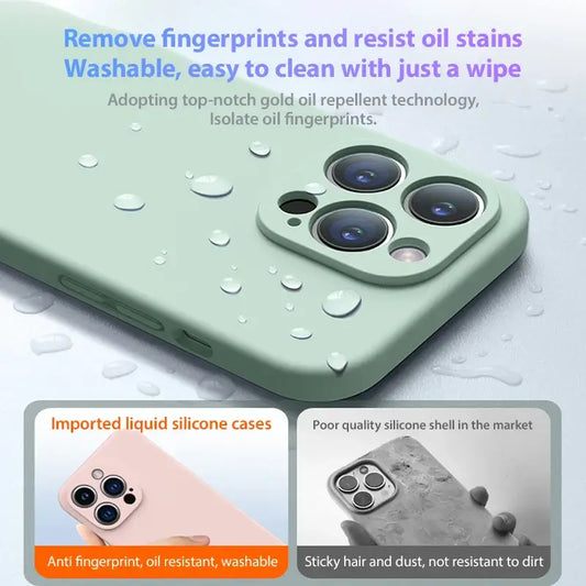Luxury liquid silicone soft case showcasing water resistance and oil stain removal technology for iPhone protection.