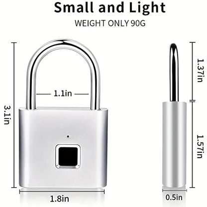 Mini smart fingerprint padlock, lightweight design, dimensions 3.1in x 1.8in, perfect for securing luggage and suitcases.
