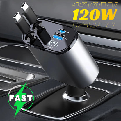 120/66W 4 in 1 Retractable Car Charger Mobile Phone USB PD Type C Cable for Iphone Fast Charge Cord Cigarette Lighter QC Adapter