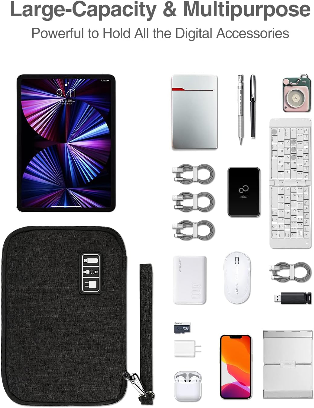 Large Electronics Organizer, 11" Travel Cord Organizer, Large Cable Bag, Tech Bag for Cable Storage/Cord Storage/Ipad Pro(Up to 11")/Wallcharger/Electronic Accessories