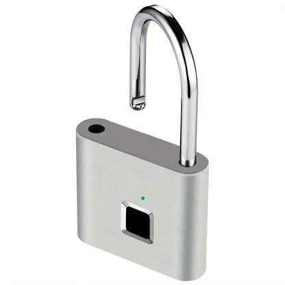 Mini smart fingerprint padlock with chrome shackle, perfect for securing luggage and ensuring anti-theft protection.