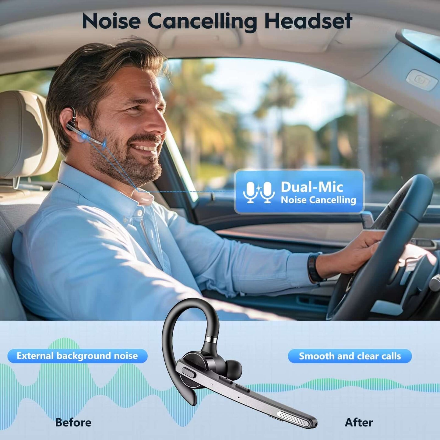 M53 Wireless Bluetooth Headset Single Earpiece Driving Headphone with Dual-Mic Noise Cancelling Handsfree Earphones