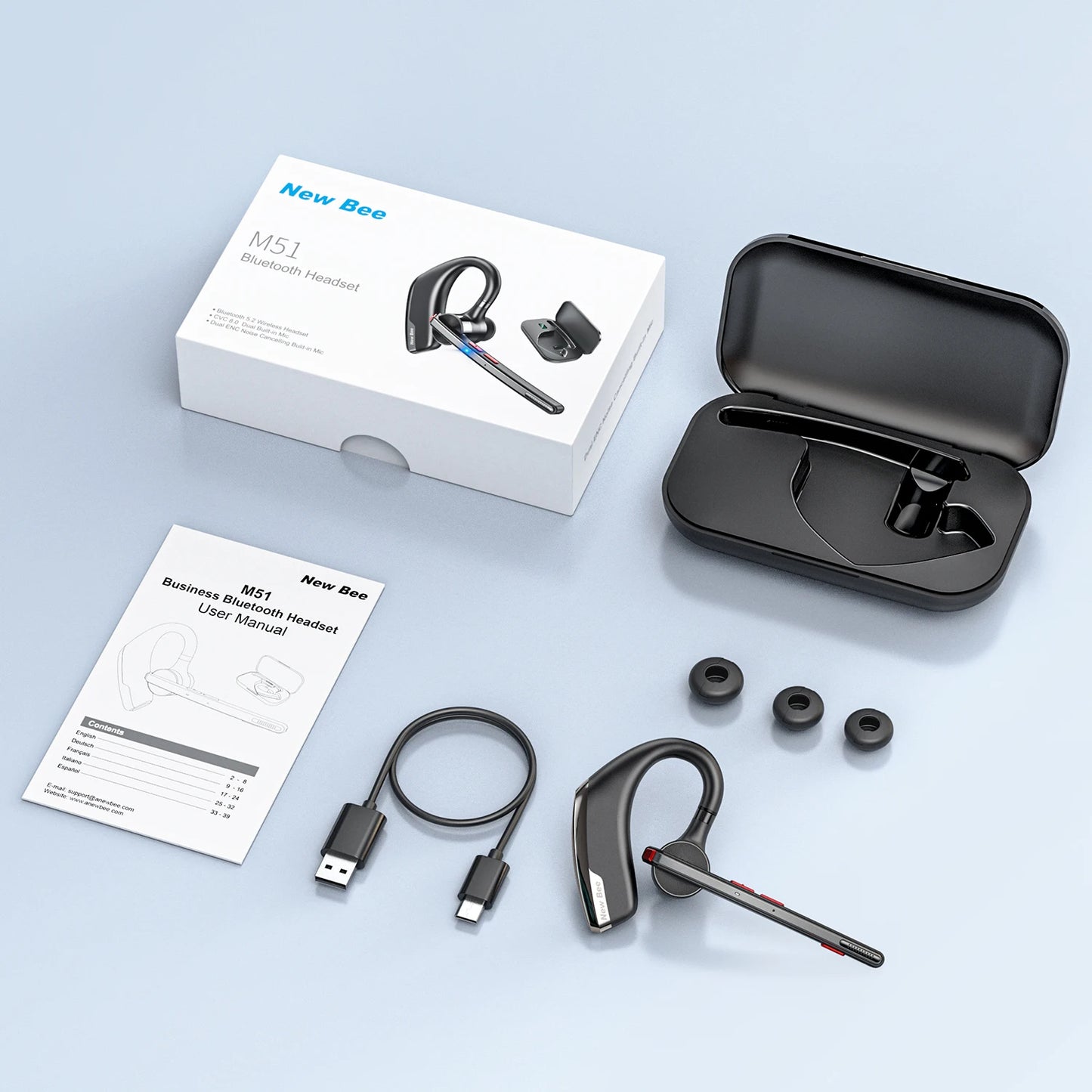 M51 Wireless Bluetooth Headset Earphones 5.2 Headphone with Dual-Mic CVC8.0 Noise Cancelling Handsfree Business Earpiece