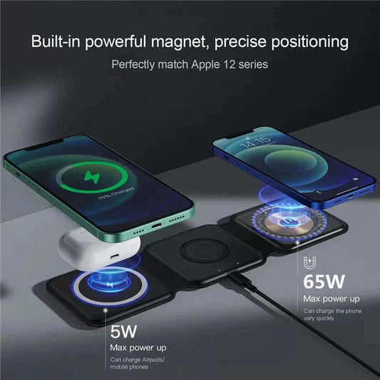 65W 3 in 1 Foldable Magnetic Wireless Charger for Iphone 14 13 12 Pro XS X Fast Wireless Charging Pad for Airpods Pro Iwatch