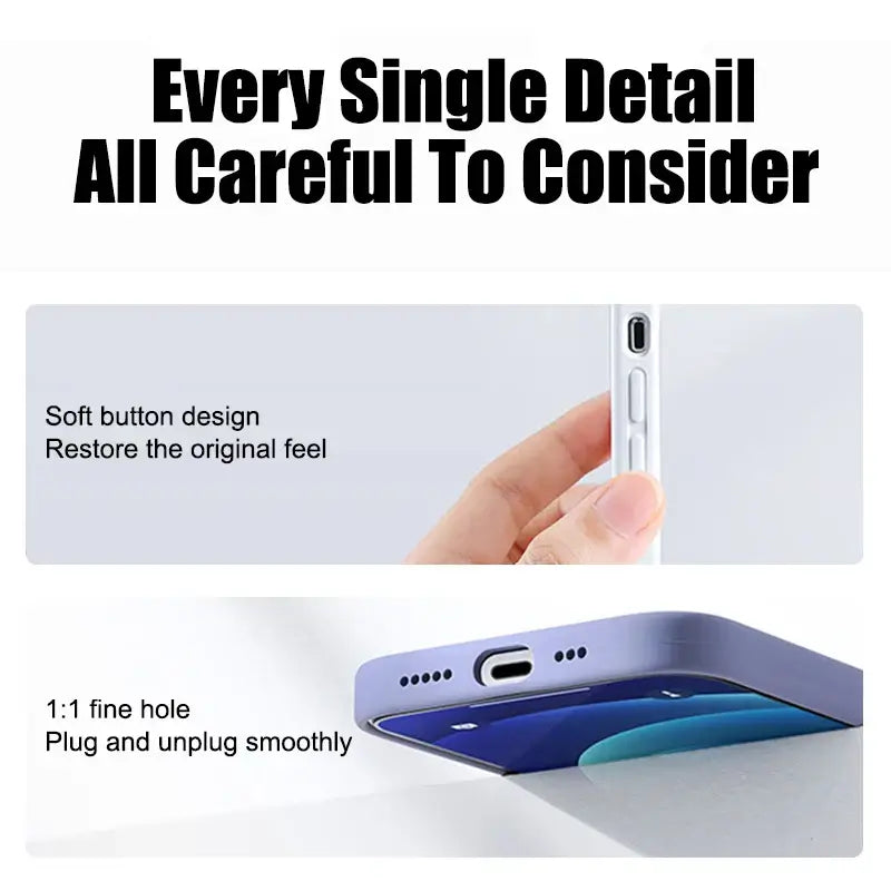 Detailed view of a silicone phone case for iPhone showcasing soft button design and precise cutouts for easy access.