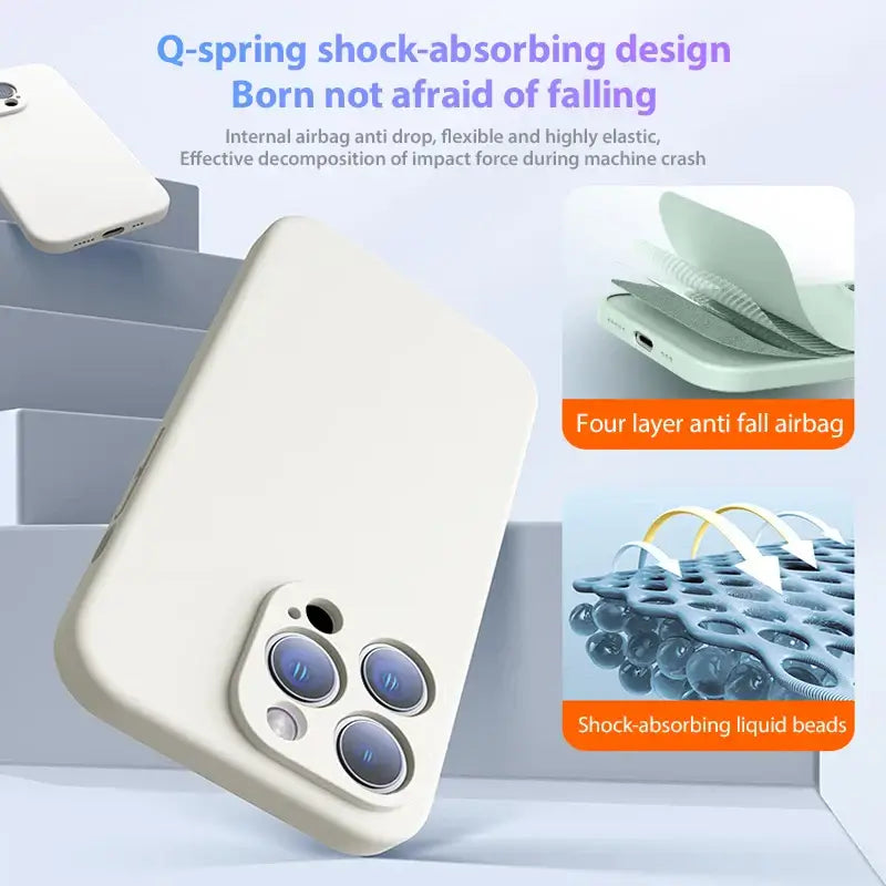 Q-spring shock-absorbing liquid silicone case design ensuring maximum protection for your iPhone while maintaining a sleek look.
