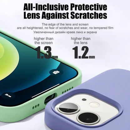 Image showing a silicone liquid case with protective lens specifications for iPhone models, highlighting scratch resistance features.