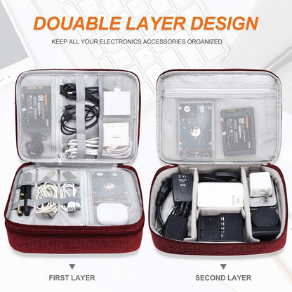 Electronic Bag Travel Cable Accessories Bag Waterproof Double Layer Electronics Organizer Portable Storage Case for Cable, Cord, Charger, Phone, Adapter, Power Bank, Kindle, Hard Drives
