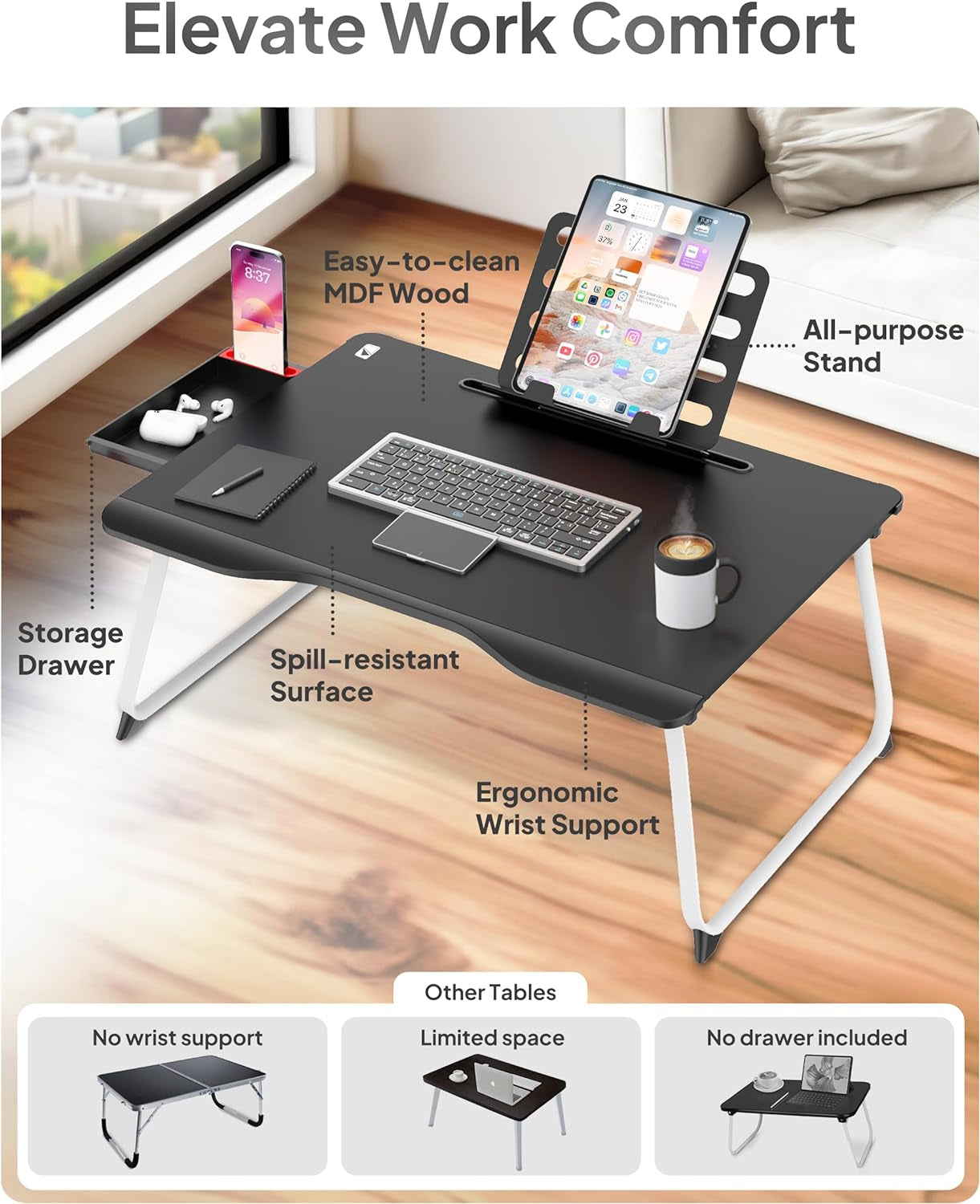 Cooper Mega Table plus [Premium XXL Extra Large] Laptop Lap Desk & Book Stand | Multifunctional Foldable Lap Desk, Laptop Desk for Bed, Portable Desk, Lapdesk Lap Tray (Black Onyx)