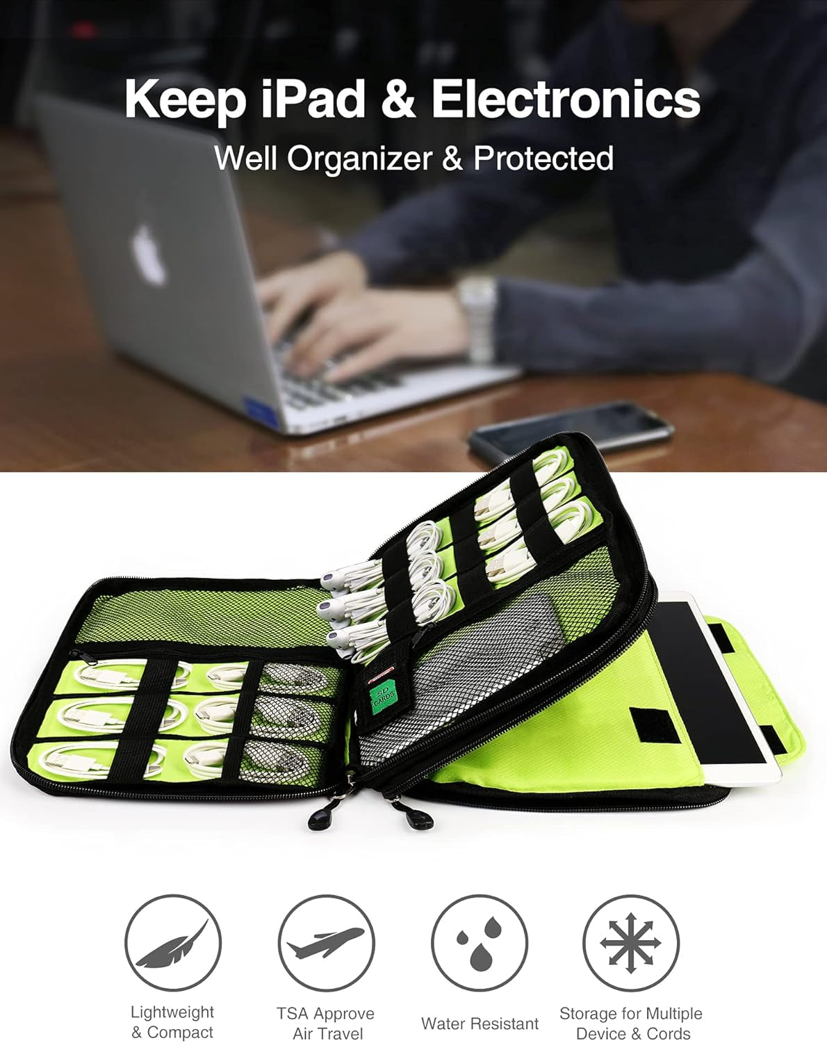 Large Electronics Organizer, 11" Travel Cord Organizer, Large Cable Bag, Tech Bag for Cable Storage/Cord Storage/Ipad Pro(Up to 11")/Wallcharger/Electronic Accessories
