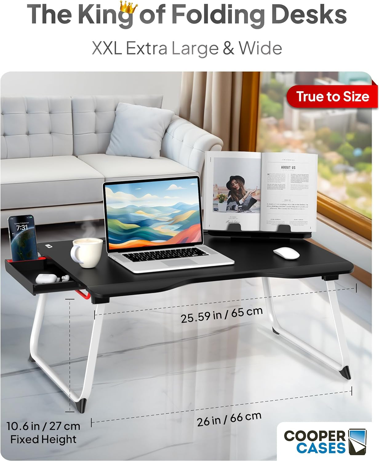 Cooper Mega Table plus [Premium XXL Extra Large] Laptop Lap Desk & Book Stand | Multifunctional Foldable Lap Desk, Laptop Desk for Bed, Portable Desk, Lapdesk Lap Tray (Black Onyx)
